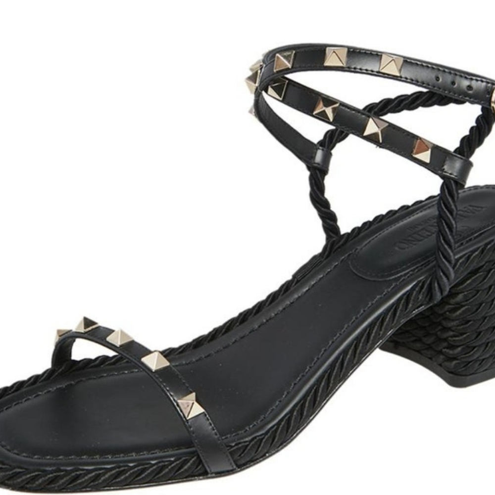 Valentino Garavani Black Leather Rockstud Braided Strap Sandals